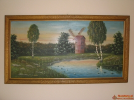 Duży stary obraz olejny na płótnie 57x105 pejzaż wiejski z wiatrakiem