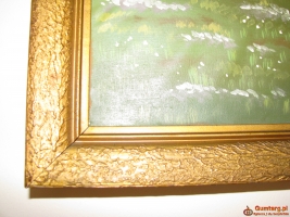 Duży stary obraz olejny na płótnie 57x105 pejzaż wiejski z wiatrakiem