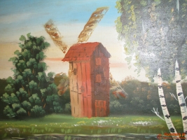 Duży stary obraz olejny na płótnie 57x105 pejzaż wiejski z wiatrakiem