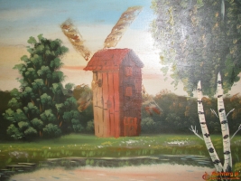 Duży stary obraz olejny na płótnie 57x105 pejzaż wiejski z wiatrakiem