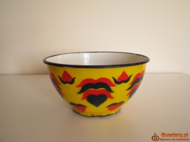 Piękna, stara, metalowa, emaliowana na żółto miska we wzory