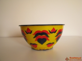 Piękna, stara, metalowa, emaliowana na żółto miska we wzory