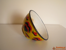 Piękna, stara, metalowa, emaliowana na żółto miska we wzory